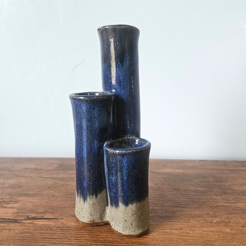 Studio Pottery Triple Cylinder Bud Vase Blue Glazed Artisan Ceramic Handmade - Picture 2 of 4